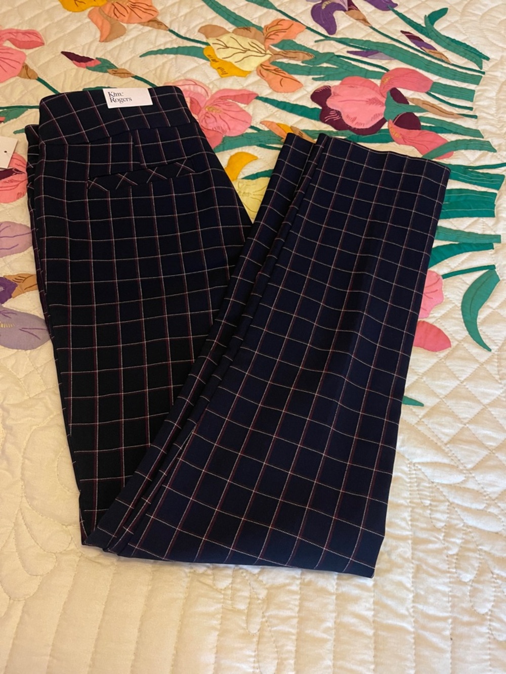LOFT Navy Windowpane Dress Pants with Pink Grid